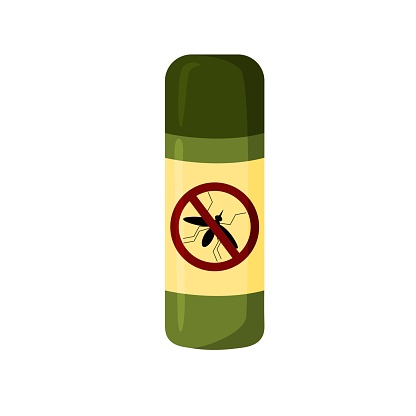 Mosquito insect repellent bottle icon. Bug and mosquito repellent spray aerosol prevention in cartoon style isolated on white background. Vector illustration