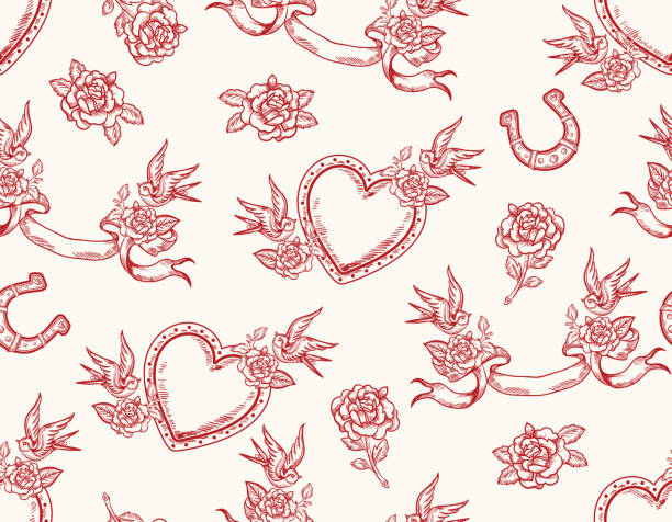 Romantic hand drawn  Love Theme Tattoo art  seamless pattern. Heart, angel, cupid, butterfly, rose in trendy retro style. Vector,Design for fashion , fabric, textile, wallpaper , wrapping and all prints