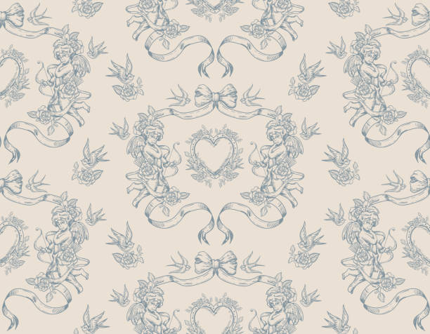 Romantic hand drawn Love Theme Tattoo art seamless pattern. Cupid and Angel , Heart, butterfly, rose in trendy retro style. Romantic hand drawn Love Theme Tattoo art seamless pattern. Cupid and Angel , Heart, butterfly, rose in trendy retro style. Vector,Design for fashion , fabric, textile, wallpaper , wrapping and all prints tattoo seamless texture stock illustrations
