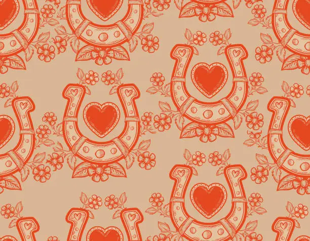 Vector illustration of omantic hand drawn  Love Theme Tattoo art  seamless pattern. Horse Shoes trendy retro style.