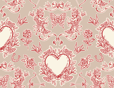 Romantic hand drawn  Love Theme Tattoo art  seamless pattern. Heart, angel, cupid, butterfly, rose in trendy retro style. Vector,Design for fashion , fabric, textile, wallpaper , wrapping and all prints