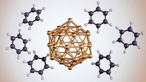 3d rendering of benzene molecules conjugated gold (Au) nanoparticles (NPs) on the black background