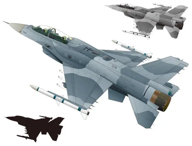 Vector illustration of Two-seat single-engine jet fighter equipped with a CFT close-up tank (Blue gray camouflage color and black silhouette, monochrome set)