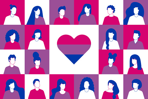 Bisexual people.  Bisexual flag.  Sexual identity. Coming out. Bisexual Pride and Bi Visibility Day. Online dating of sexual minorities. Poster Valentine's Day. Bisexual Pride. Bisexual Visibility Day. American culture of minority groups. Gender Equality. Festival and parade. Poster, card, banner, template, background.