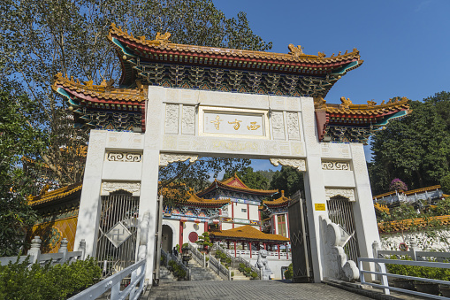 Hong Kong, China - December 26 2023 : Chinese Gateway of Western Monastery located in Tsuen Wan