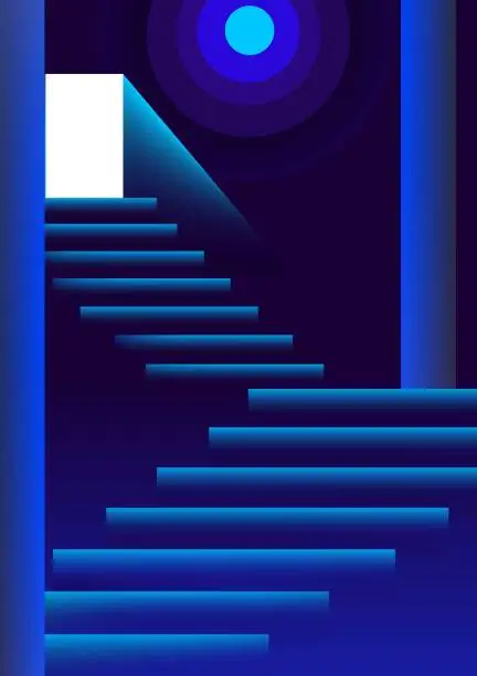 Vector illustration of Blue stairs, white moon