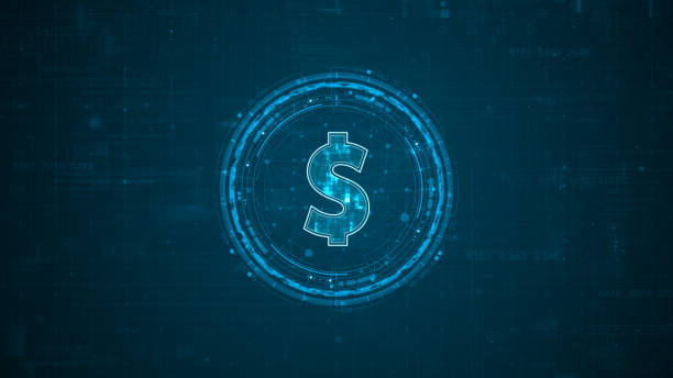 Blue digital money logo with rotation HUD UI circle technology interface and futuristic elements abstract background crypto currency finance and digital money concepts