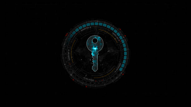istock Blue digital security key logo and circle futuristic HUD elements with flowing arrows with network firewall technology and data secure concepts on abstract background 1981628950