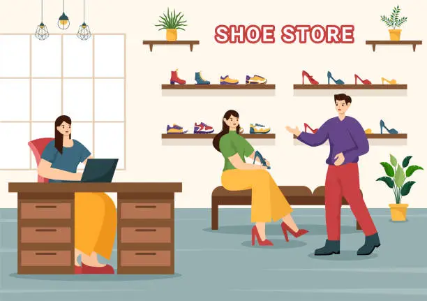 Vector illustration of Shoe Store Vector Illustration with New Collection Men or Women Various Models or Colors of Sneakers and High Heels in Flat Cartoon Background