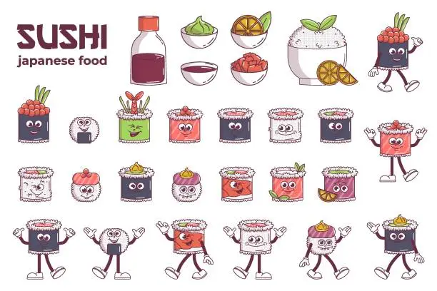 Vector illustration of Vintage Japanese food characters big set Sushi, Rolls and more groovy style. Cartoon design stickers seafood for bar, restaurant. Retro vector illustration.