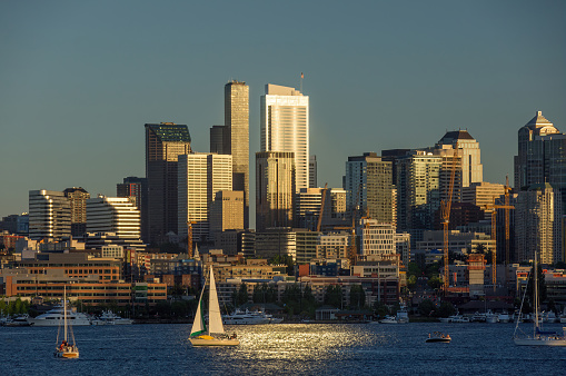 Late afternoon views of Downtown Seattle and Lake Union via Gas Works Park, King County, Seattle, Washington.