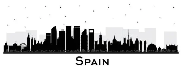 Vector illustration of Spain city skyline silhouette with black buildings isolated on white. Modern and Historic Architecture. Spain Cityscape with Landmarks. Madrid. Barcelona. Valencia. Seville.