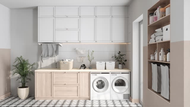 Modern Laundry Room With Washing Machine, Dryer And Cabinets