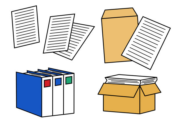 Illustration of files and documents in cardboard boxes Envelope, documents, files, icon illustration of documents in cardboard box mail clerk stock illustrations