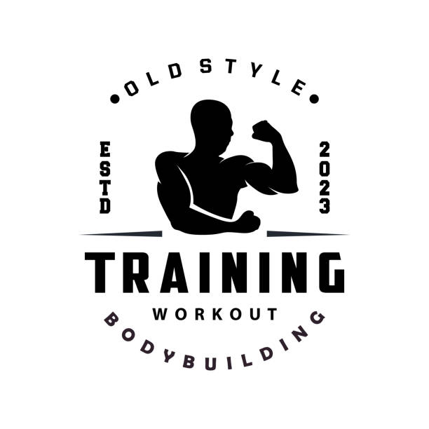 ilustraciones, imágenes clip art, dibujos animados e iconos de stock de gym logo design vintage retro human silhouette sport fitness bodybuilder simple elegant - health club gym young men dumbbell