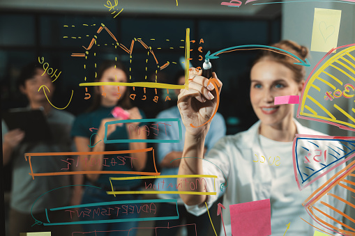 Young beautiful businesswoman writing business plan to investor on glass wall. Skilled female leader presenting marketing strategy by using graph. Smart manager presenting marketing idea. Tracery.