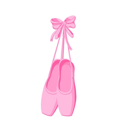 Ballet shoes hang on silk ribbon with bow illustration. Cartoon isolated points of ballerina hanging on wall, female pink ballet slippers for classic elegant dance, girly pastel accessory.