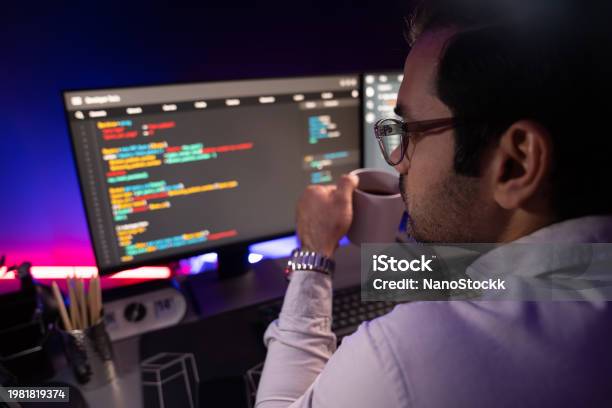 Developer Coffee Smart It Developer Drinking Coffee Cup While Working Code On Pc Screen ...