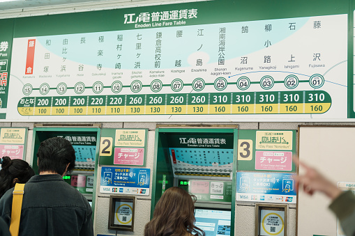 Tickets machine at Enoshima station, Enoshima Dentetsu train Line in Kamakura, Japanese railway connects Kamakura with Fujisawa Station in Fujisawa, Kanagawa. Kanagawa, Japan, 16 November 2023