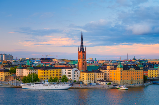 Stockholm, Sweden. Panoramic view of the Gamla Stan. The capital of Sweden. Cityscape during sunset. View of the old town in Stockholm. Large resolution photo for background and wallpaper.