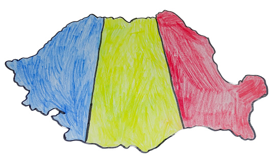 The map of Romania colored in the colors of the Romanian flag