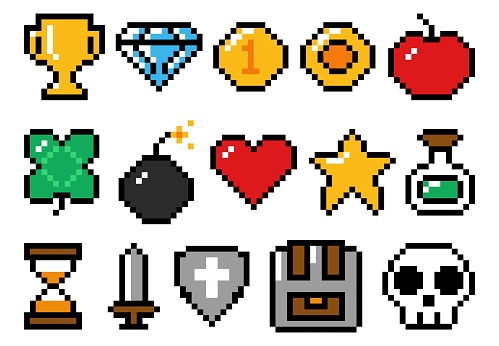 Collection of pixel retro game icons. 8 bit objects collection isolated on white background