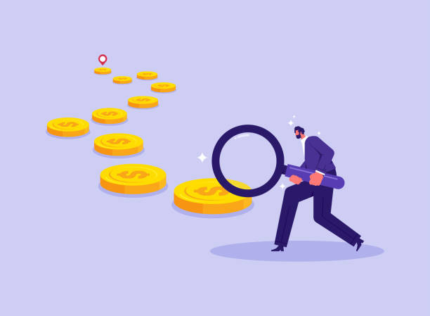 Looking for business opportunities and ways to make money concept Looking for business opportunities and ways to make money concept, businessman holding a magnifying glass looking for the trail of money gold coins currency chasing discovery making money stock illustrations