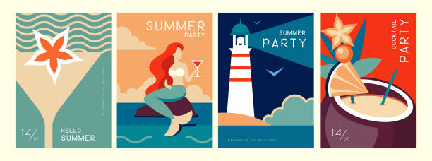 Set of retro summer posters with summer attributes. Cocktail silhouette, pina colada, mermaid, lighthouse and sea. Vector illustration Set of retro summer posters with summer attributes. Cocktail silhouette, pina colada, mermaid, lighthouse and sea. Vector illustration mermaid retro revival beach old fashioned stock illustrations