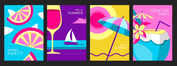 set of retro posters with summer attributes. wine glass silhouette, pina colada, fruil slices, beach umbrella and ship. vector illustration - pina colada coconut martini glass drink点のイラスト素材／クリップアート素材／マンガ素材／アイコン素材