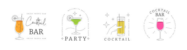 set of modern line art logo, label or emblem design with different cocktails. vector illustration - margarita cocktail drink umbrella drink点のイラスト素材／クリップアート素材／マンガ素材／アイコン素材
