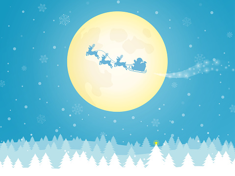 Christmas night landscape with Santa silhouette floating on the moon