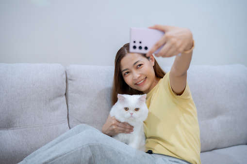 Young Asian woman selfie with her white Persian cat with smile of happiness to keep pleasure and happiness moment for cat lover, with love and adorable relationship and interact with pet and owner at home, woman with pet lifestyle, healling, comfortable mind at home.