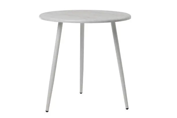 Photo of round grey table on three white legs, isolated on a white background