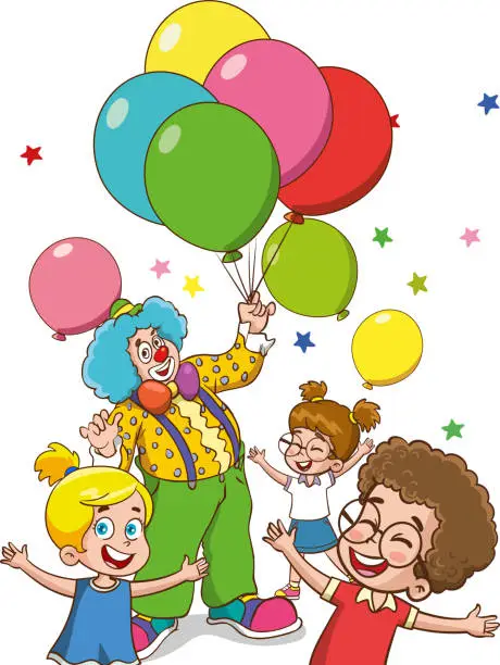 Vector illustration of vector illustration of a Group of Kids Playing with a Clown and Balloons