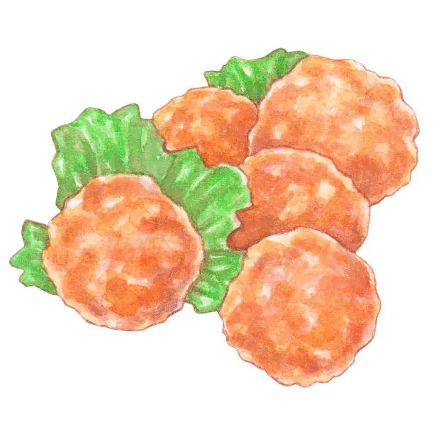 Vector illustration of bola salmon watercolor paint, berkat frozen food, ingredient of shabu shabu hotpot