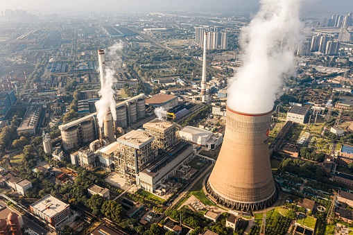 Wuhan, China – June 30, 2023: An aerial view of a cooling tower of a nuclear power plant in Wuhan, China