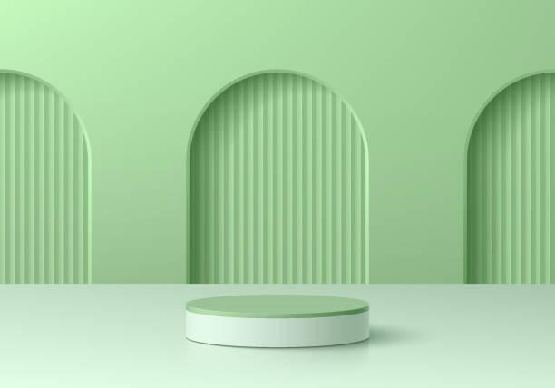 istock Realistic 3D green, white podium pedestal background with 3 arch gate pastel scene. Wall minimal mockup product stage showcase, Cosmetic banner promotion display. 3D abstract vector geometric platform 1982096304