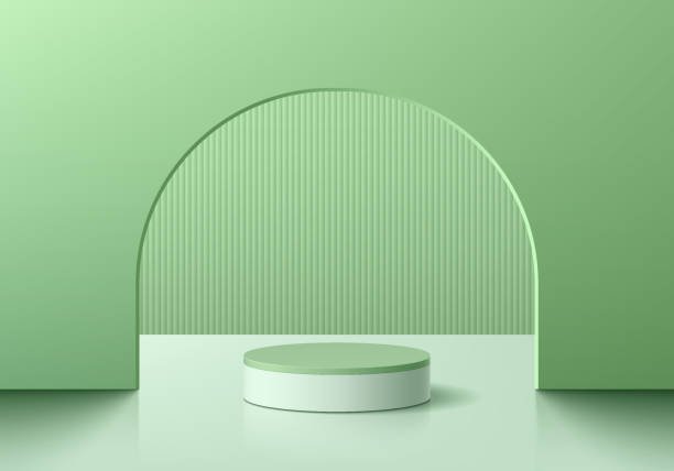 istock Realistic 3D green white podium pedestal background in arch gate with vertical pattern scenn. Wall minimal mockup product stage showcase, Cosmetic banner promotion display. 3D abstract vector platform 1982096656