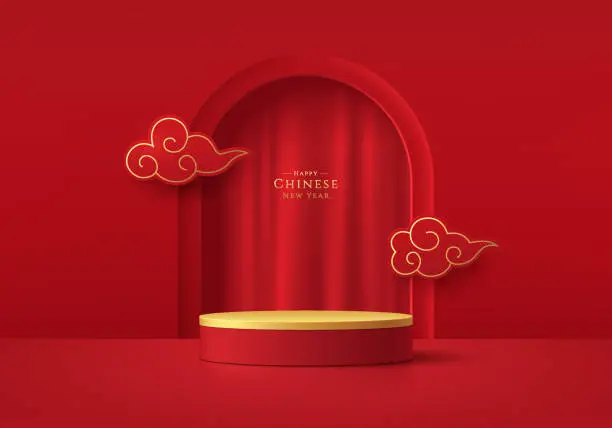 Vector illustration of Realistic red, gold 3D cylinder podium with curtain in arch gate and cloud chinese style. Minimal scene products showcase, Promotion display. Abstract studio room platform. Happy lantern day concept.