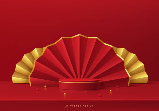 istock Red, gold round product podium 3D background with chinese fan decorate. Chinese new year concept. Minimal wall scene mockup product stage showcase, Promotion display. Abstract vector geometric forms. 1982104469
