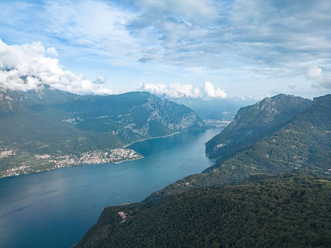 An aerial view of Lake Como, town Lecco and Abbadia Lariana, Italy