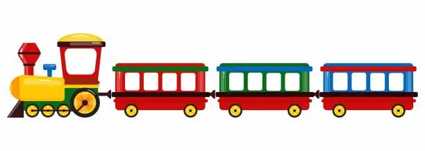 Vector illustration of Children toy colorful train. Railway carriage. Vector locomotive on white background.