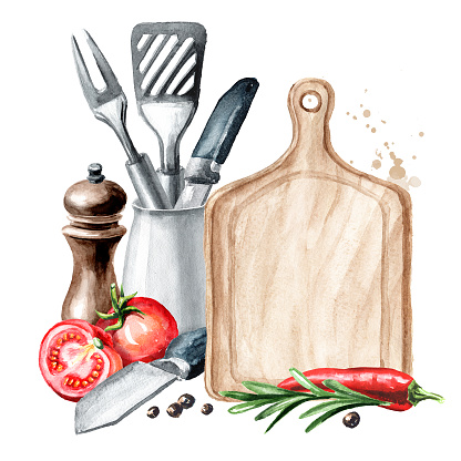 Cookig concept template. Wooden cutting board with copy space and vegetables with kitchen utensils. Watercolor hand drawn illustration isolated on white background