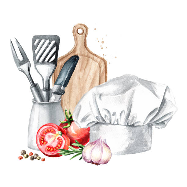 cookig concept. chefs hat, cutting board, vegetables and spices. watercolor hand drawn illustration, isolated on white background - white background isolated on white cutting board cooking点のイラスト素材／クリップアート素材／マンガ素材／アイコン素材