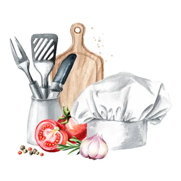 Vector illustration of Cookig concept. Chefs hat, cutting Board, vegetables and spices. Watercolor hand drawn illustration, isolated on white background