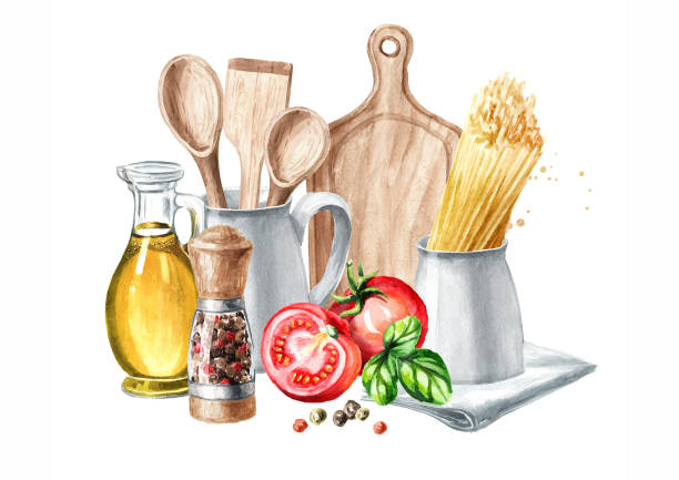 cookig concept. cutting board, italian pasta, olive oil and vegetables and spices. watercolor hand drawn illustration isolated on white background - white background isolated on white cutting board cooking点のイラスト素材／クリップアート素材／マンガ素材／アイコン素材
