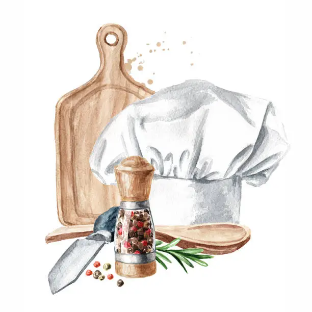 Vector illustration of Kitchen concept with chefs hat, spicies and herbs. Hand drawn watercolor illustration isolated on white background