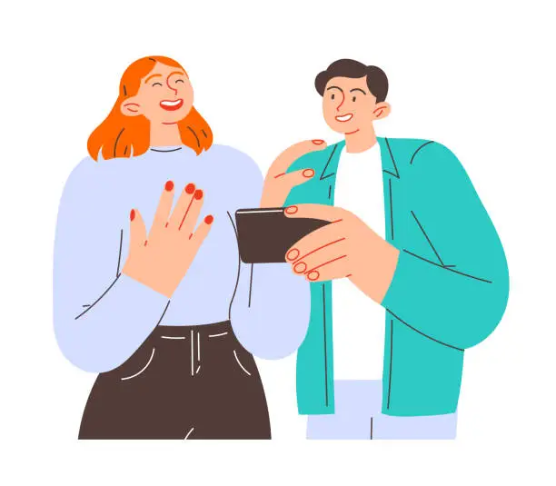 Vector illustration of Man and his friend looking at smartphone and laughing