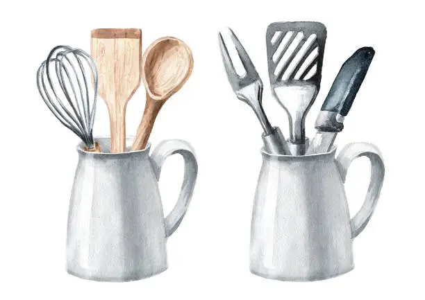 Vector illustration of Kitchen utensils set. Hand drawn watercolor illustration isolated on white background