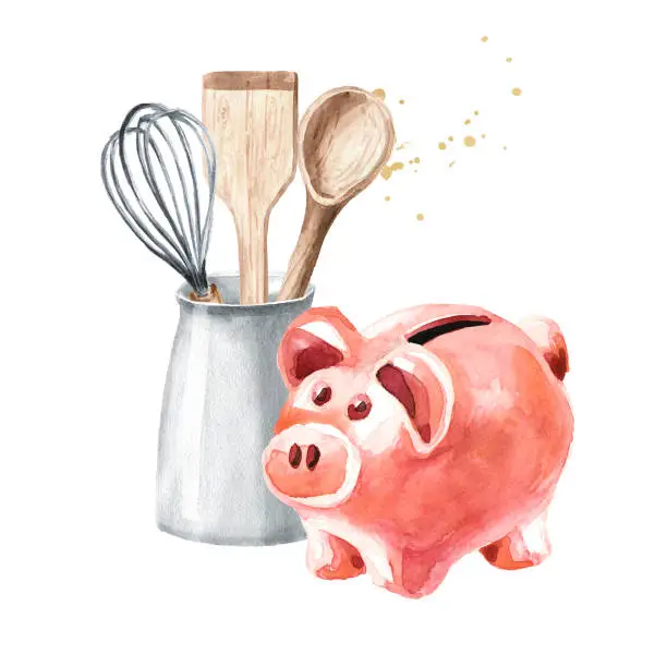 Vector illustration of oncept of economical cooking with piggy Bank. Hand drawn watercolor illustration, isolated on white background